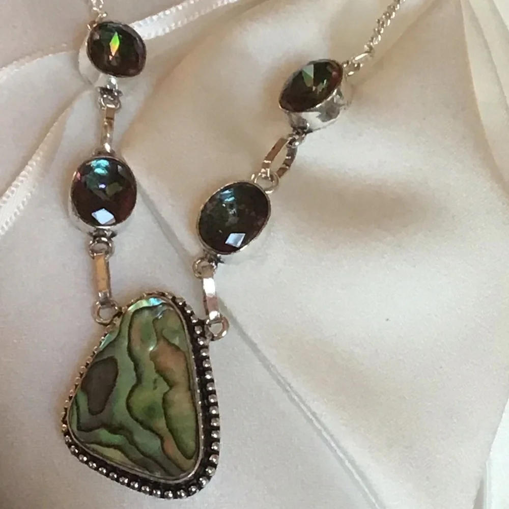 Sterling Silver Mystic Fire Topaz and Abalone Pearl Necklace Choker - Picture 7 of 11